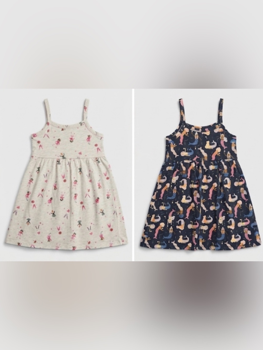 Old Navy Girls Tank Dress Duo - Cream & Navy Mermaid Floral Prints
